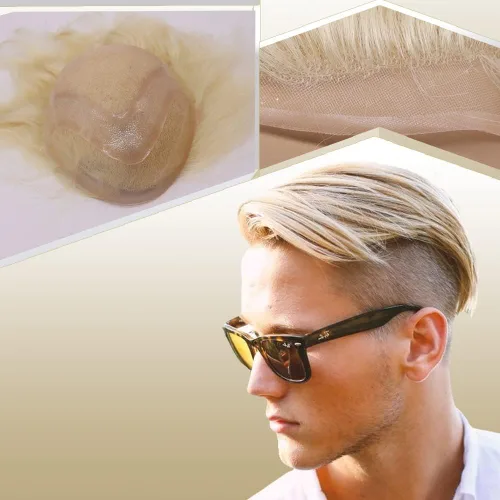 Miniatura 26 de Toupee para hombres, piezas de cabello 100% europeo, sistema de reemplazo de cabello humano virgen de 10 x 8 pulgadas, mono encaje con poliuretano