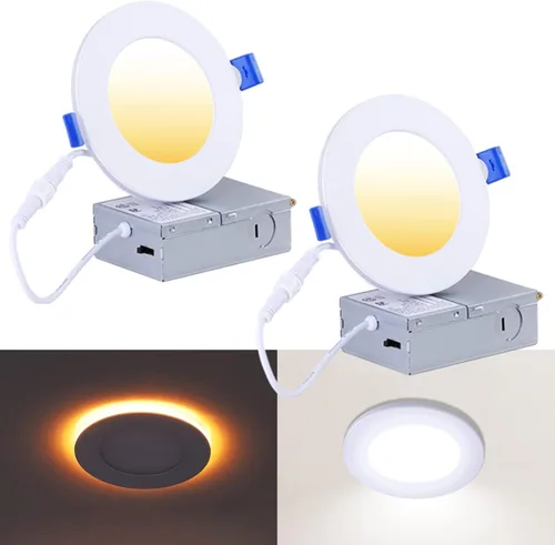 CycevSun Luces LED Empotradas de 4 Pulgadas con Luz Nocturna - Downlight Wafer Ultrafino Sin Lata para Exteriores, Iluminación de Sofito, Regulable