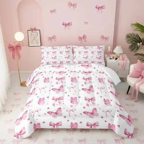 QOOMO Juego de edredón de 3 piezas con diseño de mariposa de dibujos animados, tamaño individual, bonito juego de ropa de cama con lazo para