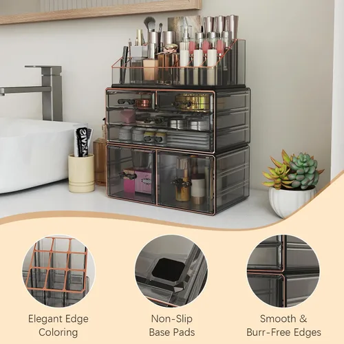 Miniatura 5 de Delamu Organizador de maquillaje de 3 niveles y 6 cajones para encimera, organizador de cosméticos para tocador y tocador, organizador de baño, Negro