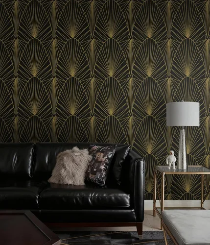 Miniatura 2 de Yasinet Papel tapiz geométrico para despegar y pegar, papel de pared negro y dorado para dormitorio, baño, papel de contacto geométrico Art Deco