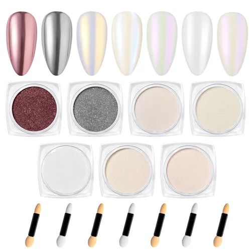 Miniatura 13 de Beetles Polvo Cromado para Uñas 2 Frascos Blanco y Púrpura Perla Cromer Polvo Cromado para Uñas para Gel Efecto Espejo Brillo Kit de Manicura Espejo