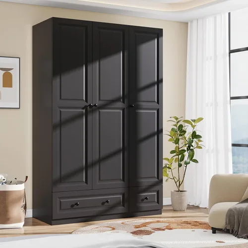 Miniatura 7 de Armario Armario con cajones: Armario de madera alto negro de 74 pulgadas para colgar ropa, Armarios grandes para dormitorio con 2 cajones, armario