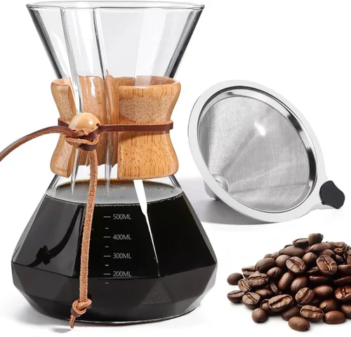 Miniatura 13 de Cafetera de Goteo 14 OZ, 4 Tazas Cafetera de Vidrio de Borosilicato con Filtro de Acero Inoxidable Reutilizable y Empuñadura de Corcho para Café
