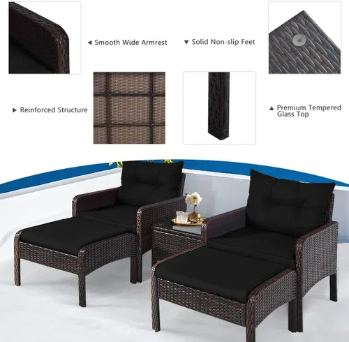 Miniatura 6 de HAPPYGRILL Juego de muebles de patio de 5 piezas para exteriores, juego de conversación de mimbre de ratán con mesa auxiliar, sofás acolchados