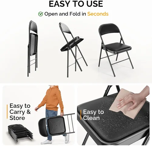 Miniatura 6 de Bonnlo Silla Plegable con Cómodo Cojín Acolchado y Respaldo, Sillas Plegables Portátiles para Exterior, Eventos de Oficina, Bodas, Cuero Pu, 4 Negras