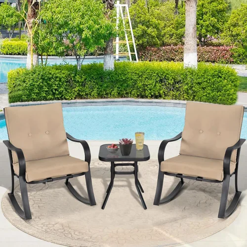 Miniatura 2 de Mecedoras para exteriores de 3 piezas, juego de muebles de bistró para patio, 2 sillas mecedoras de acero negro con cojín y mesa de centro de Marrón