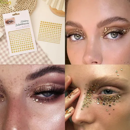 Miniatura 4 de Gel dorado con purpurina corporal y 2 hojas de diamantes de imitación para la cara, maquillaje con purpurina facial y joyas para el cabello, gemas