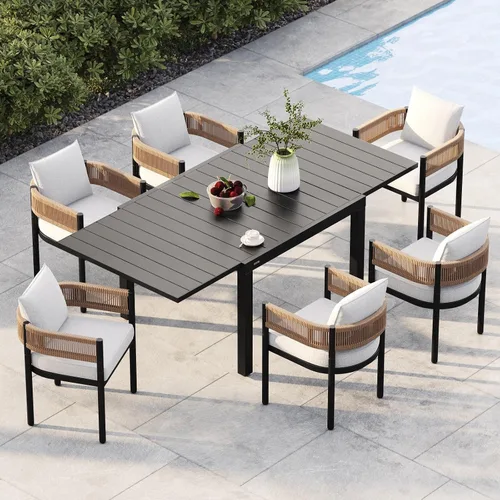 Miniatura 28 de Juego de comedor al aire libre Grand Patio de 5 piezas para 4, sillas de patio fijas de mimbre tejido metálico con cojines engrosados y 1 mesa