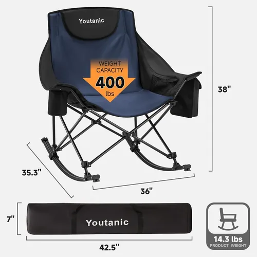 Miniatura 2 de Youtanic Mecedora plegable de gran tamaño, silla mecedora portátil acolchada con bolsillos, portavasos y bolsa de transporte, silla de patio Azul