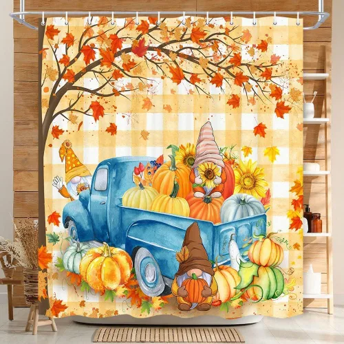 Miniatura 2 de Cortina de ducha a cuadros de búfalo naranja, decoración de otoño, lindos gnomos en camión verde azulado retro, cortina de ducha de calabaza