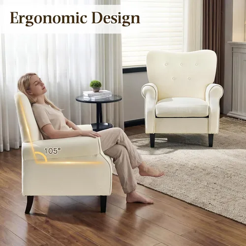 Miniatura 7 de YOLENY - Silla decorativa moderna, con respaldo alto, sillón individual tapizado con botones de tela y patas de madera para sala de estar, Beige