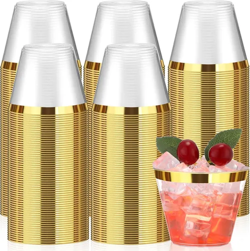 Lounsweer 100 vasos de plástico con borde de 9 onzas, copas de cóctel transparentes resistentes desechables para cumpleaños, despedidas de soltera,