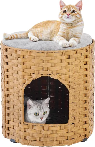 Miniatura 8 de SETVSON Camas para gatos para interiores, casa de gatitos, cubo de ratán tejido a mano, cueva para gatos, casas grandes para gatos, una alfombrilla
