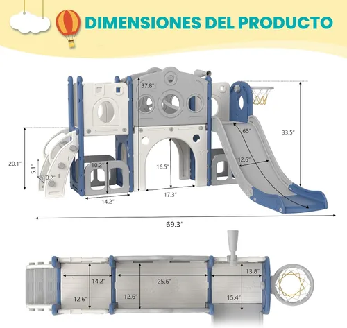 Miniatura 9 de kinbor Juego de toboganes 8 en 1 para niños pequeños, tobogán para niños con aro de baloncesto, juego para niños con escaleras fáciles de subir