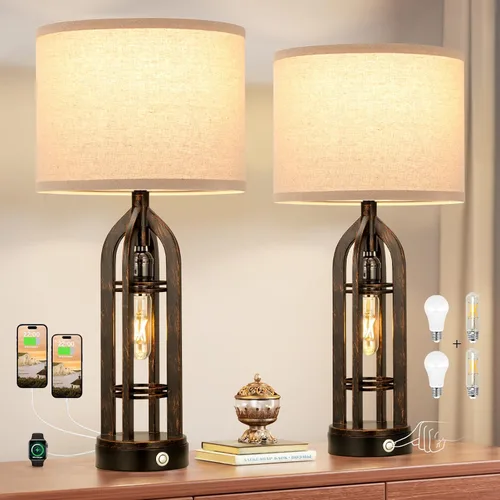 Miniatura 11 de Seealle Juego de 2 Lámparas de Mesa para Sala de Estar - Lámpara de Noche de Aspecto de Madera para Dormitorio con USB C+A y Enchufe, Lámparas