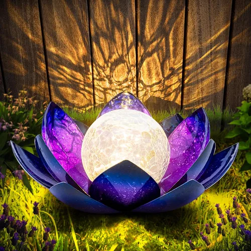 Miniatura 12 de Huaxu Luces solares para jardín al aire libre, decoración de loto de cristal con forma de globo agrietado, decoración de flores LED impermeables