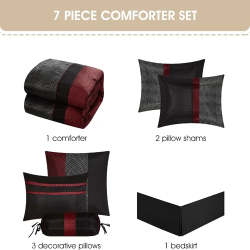 Miniatura 5 de Grand Avenue Juego de edredón rojo y negro tamaño Full, técnica jacquard y flocado, diseño moderno juegos de ropa de cama a rayas para todas