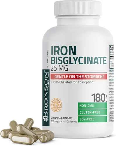 Bronson Bisglicinato de Hierro 25 mg Suave para el Estómago, Apoya la Energía y la Producción Saludable de Glóbulos Rojos - Fórmula sin