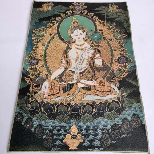 Miniatura 2 de GEEYOU Bordado de seda tibetano Thangka budismo blanco Tara Guanyin Kwan-yin Tangka Mural Tangka colgante de pared para decoración del hogar, tapiz