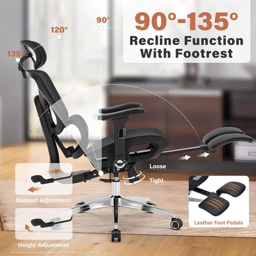 Miniatura 7 de Silla de oficina ergonómica con reposapiés, silla de escritorio de malla resistente de 400 libras, reposabrazos 5D, lumbar 3D, respaldo de 5