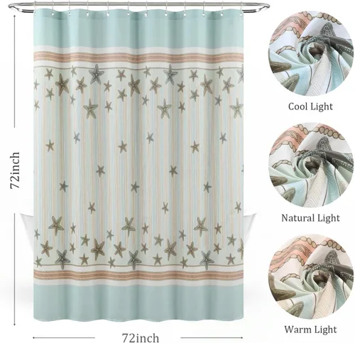 Miniatura 6 de Tremiti Aqua Ocean - Cortina de ducha de poliéster con estrellas de mar a rayas, impermeable, tela con estampado de mar, color verde, para baño, 72
