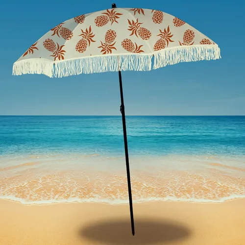 Miniatura 32 de Sombrilla de playa para arena, resistente al viento, con bolsa de anclaje de arena, portátil, flecos, bolsa de mezclilla, cuenta con parte inferior