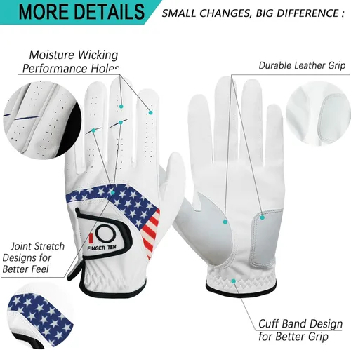 Miniatura 3 de FINGER TEN Guantes de golf para hombre, paquete de 5 unidades para mano izquierda y derecha, cómodos, suaves y con agarre para todo tipo de clima