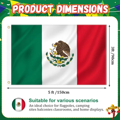 Miniatura 2 de Bandera mexicana de 3 x 5 pies para exteriores, tela Oxford 210D resistente, bandera de México Bandera de México bordada de águila, serpiente