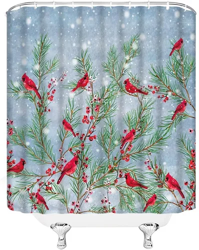 Miniatura 3 de Cortina de ducha pequeña, diseño de pájaro rojo de Navidad, ramas de pino, copo de nieve, vacaciones de invierno, festival de Navidad, azul