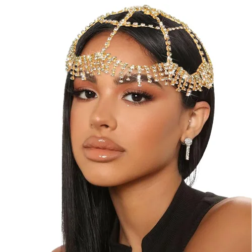 Miniatura 8 de NAISKA Diadema de malla con diamantes de imitación de los años 20, con borla plateada, cadena de cabeza de cristal, tocados de novia, vintage