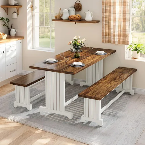 Miniatura 3 de Tribesigns Juego de mesa de comedor pequeña de 47 pulgadas para 2, mesa de cocina de 3 piezas con 2 bancos, muebles de cena de madera de granja