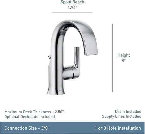 Miniatura 2 de Moen Colección Doux de Cromo Grifo monomando de arco alto con flujo laminar para baño, llave moderna para lavabo de baño, S6910