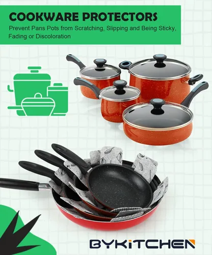 Miniatura 4 de BYKITCHEN Protectores de ollas y sartenes para apilar, juego de 9 y 3 tamaños, separadores de sartenes de fieltro para ahorrar espacio, protectores