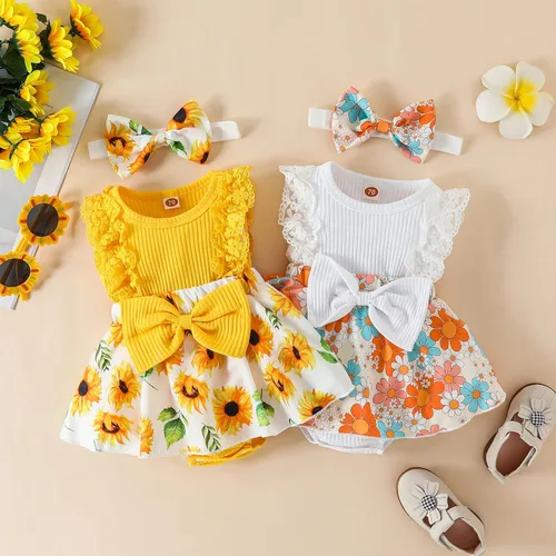 Miniatura 2 de Mubineo Ropa de verano para bebé niña, sin mangas, encaje floral, vestido de mameluco para recién nacido