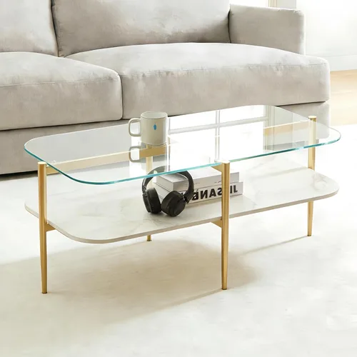 Miniatura 19 de Shrine - Mesa de café rectangular, diseño moderno de mediados de siglo, estructura de 2 niveles, parte superior de vidrio ámbar y estante de MDF