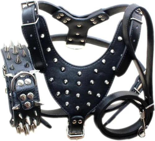Juego de 3 collares de perro con tachuelas afiladas de cuero, arneses y correas a juego para perros medianos y grandes, mastín, boxer, bull terrier