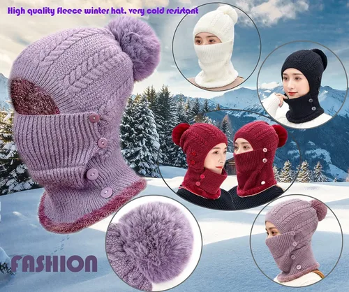 Miniatura 5 de Gorro de punto con forro polar para mujer, bufanda de invierno para mujer, gorro cálido con pompón