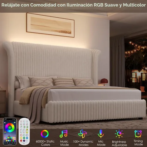 Miniatura 4 de Keyluv Marco de Cama Queen con Cabecera Alta Tipo Ala de Piel Sintética de 54", Cama Plataforma Tapizada con Luz LED, Base de Colchón con Soporte