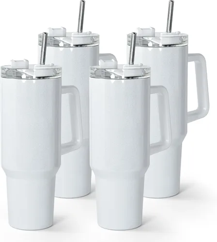 Miniatura 9 de AGH Paquete de 4 vasos de sublimación blancos con purpurina de 40 onzas con popote y tapa de acero inoxidable, vasos aislados al vacío de doble