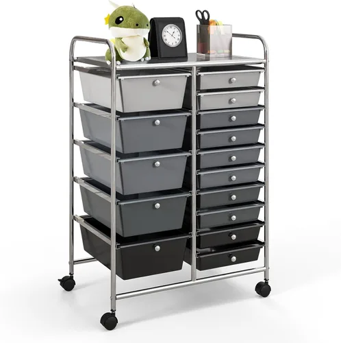 Carrito de almacenamiento con ruedas de 15 cajones, carrito de almacenamiento móvil con ruedas bloqueables para manualidades, herramientas, Negro