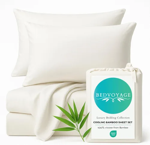 BedVoyage Sábanas refrescantes tamaño Queen – Viscosa de bambú, juego de sábanas para personas que duermen con calor, bolsillo profundo de 18 Marfil