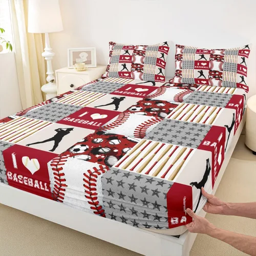 Miniatura 14 de Erosebridal Sábana bajera ajustable de béisbol tamaño individual, juego de cama de juegos deportivos para niños, niñas, adolescentes y adultos