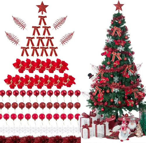 Miniatura 7 de Sunnyglade 94 piezas de adornos para árbol de Navidad con purpurina, flores de Pascua, lazos, cintas, hojas y bola de decoración variada para árbol