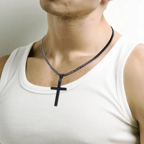 Miniatura 6 de Collar de cruz para hombre, collar con colgante de cruz lisa de acero inoxidable plateado y dorado para hombre, cadena cubana de 18 a 26 pulgadas
