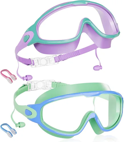 Aegend Nuevo paquete de 2 gafas de natación de visión amplia para niños, gafas antivaho/anti-UV sin fugas con tapones para los oídos para niños de 3