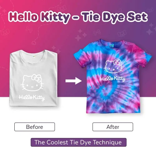 Miniatura 9 de Hello Kitty - Juego de teñido anudado - El juego incluye con una camiseta, 3 pinturas de colores, forro, guantes y bandas elásticas, paquete de 1