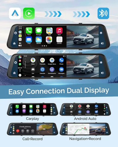 Miniatura 3 de Cámara de espejo retrovisor de 12'' con CarPlay y Android Auto, cámara de tablero de 4K, cámara frontal y trasera con asistencia de marcha