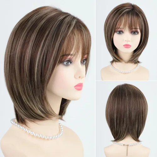 Miniatura 12 de RENERSHOW Pelucas rubias en capas para mujeres blancas con flequillo, peluca de pelo corto lacio, peluca sintética de color rubio degradado