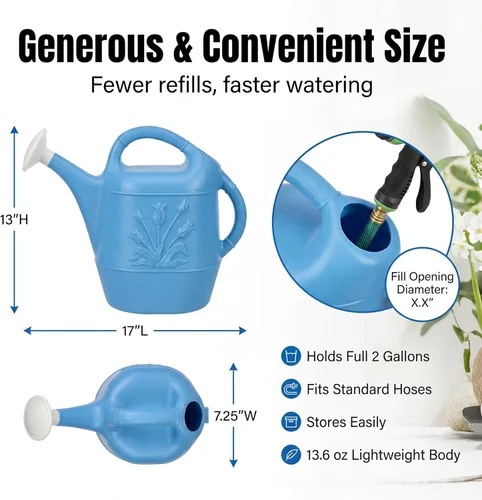 Miniatura 3 de PMU Regadera de 2 galones, regadera de jardín para plantas de interior y exterior, lata de agua de plástico con cabezal de rociador desmontable